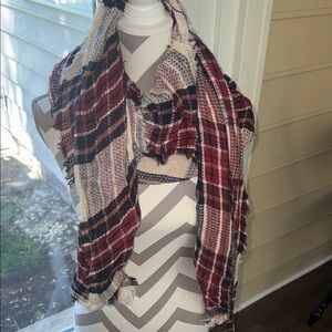Plaid Fringed Scarf - Red and Cream